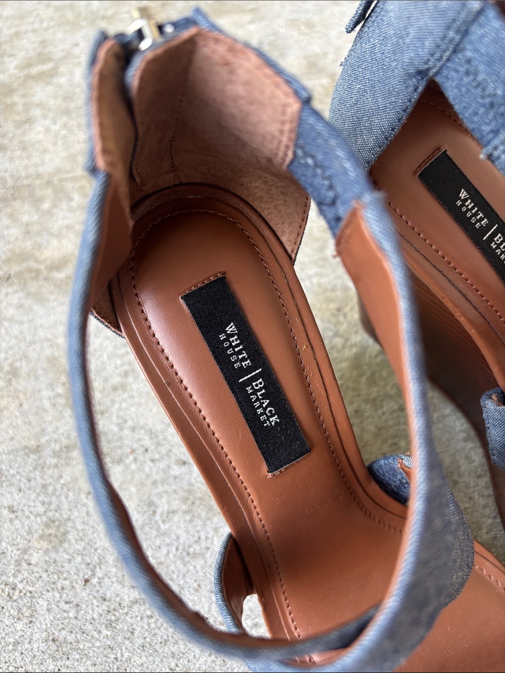 White House Black Market Chambray Crisscross Wedge Sandals - Blue and Brown - Picture 4 of 15